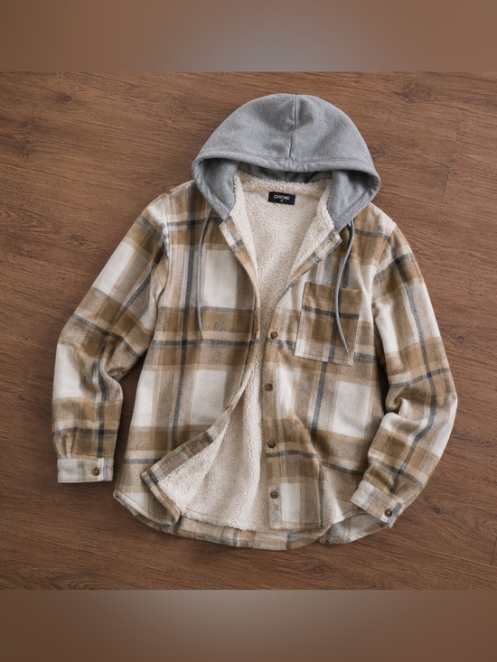 chicme Jackets & Blazers - Chic Me Plaid Hooded Utility Jacket in Brown/Cream Sz M